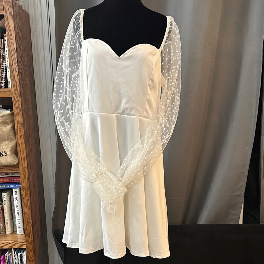White Dress with Sheer Polka Dot Sleeves